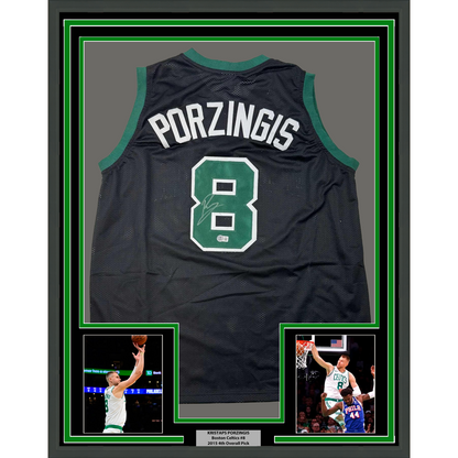 Framed Autographed/Signed Kristaps Porzingis 35x39 Boston Black Basketball Jersey JSA COA