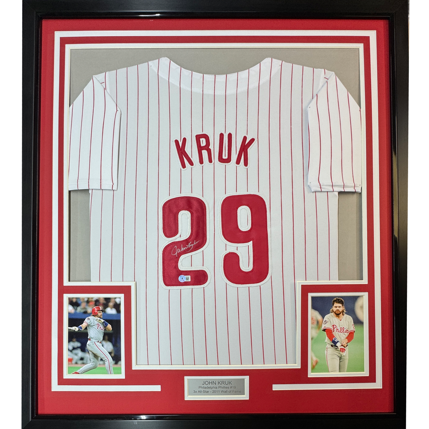 Framed Autographed/Signed John Kruk 35x39 Philadelphia Pinstripe Baseball Jersey JSA COA