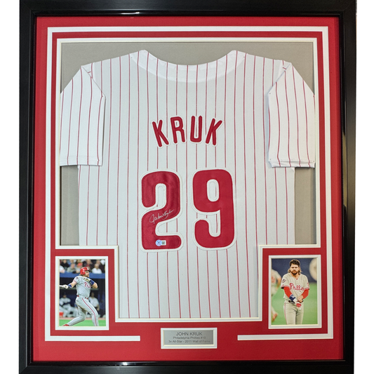 Framed Autographed/Signed John Kruk 35x39 Philadelphia Pinstripe Baseball Jersey JSA COA