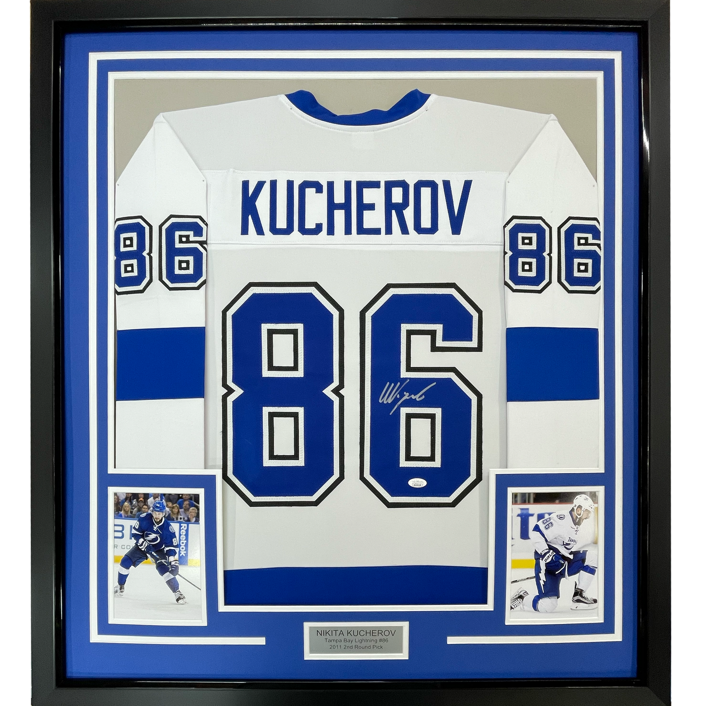 Framed Autographed/Signed Nikita Kucherov 35x39 Tampa Bay White Hockey Jersey PSA/DNA COA