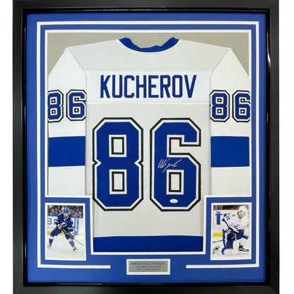 Framed Autographed/Signed Nikita Kucherov 35x39 Tampa Bay White Hockey Jersey PSA/DNA COA