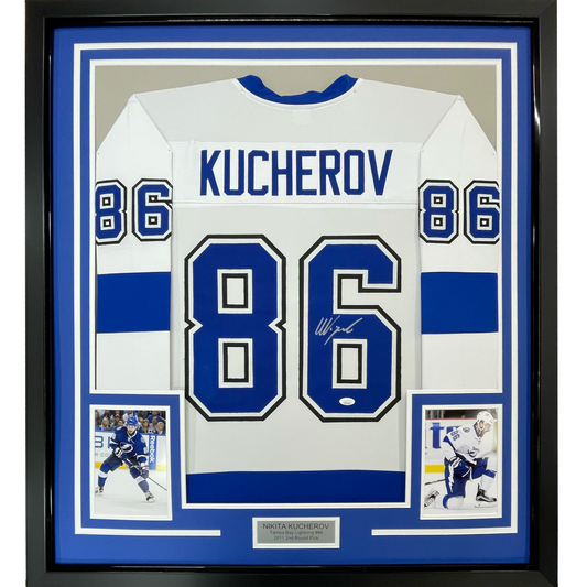 Framed Autographed/Signed Nikita Kucherov 35x39 Tampa Bay White Hockey Jersey PSA/DNA COA