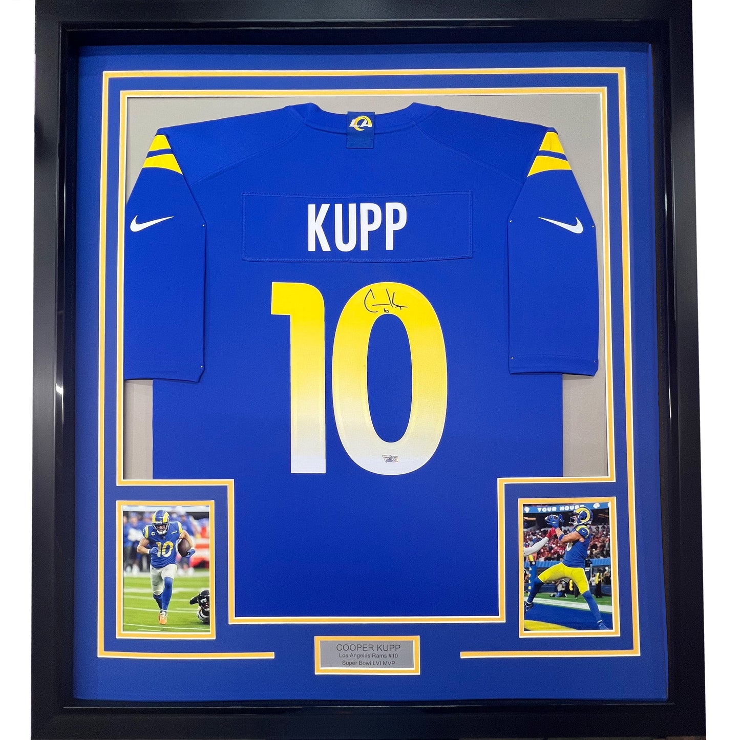 Framed Autographed/Signed Cooper Kupp 35x39 Los Angeles Rams Blue Authentic Nike Game Super Bowl LVI Football Jersey Fanatics COA