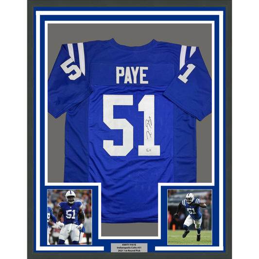 Framed Autographed/Signed Kwity Paye 35x39 Indianapolis Blue Football Jersey Beckett BAS COA