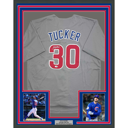 Framed Autographed/Signed Kyle Tucker 35x39 Chicago Grey Baseball Jersey JSA COA
