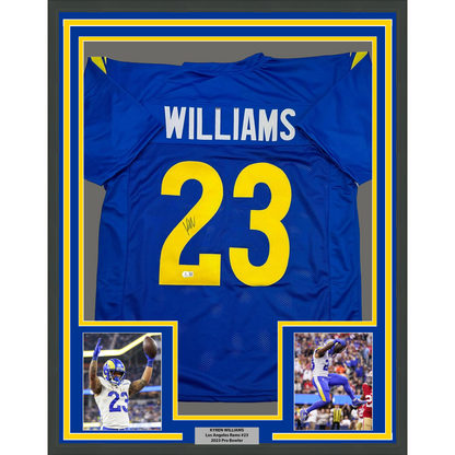 Framed Autographed/Signed Kyren Williams 35x39 Los Angeles LA Blue Football Jersey Beckett BAS COA #2