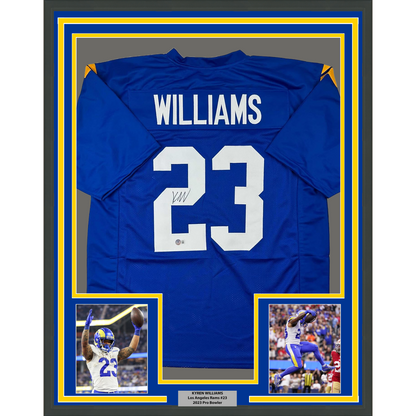 Framed Autographed/Signed Kyren Williams 35x39 Los Angeles LA Blue Football Jersey Beckett BAS COA