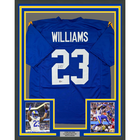 Framed Autographed/Signed Kyren Williams 35x39 Los Angeles LA Blue Football Jersey Beckett BAS COA