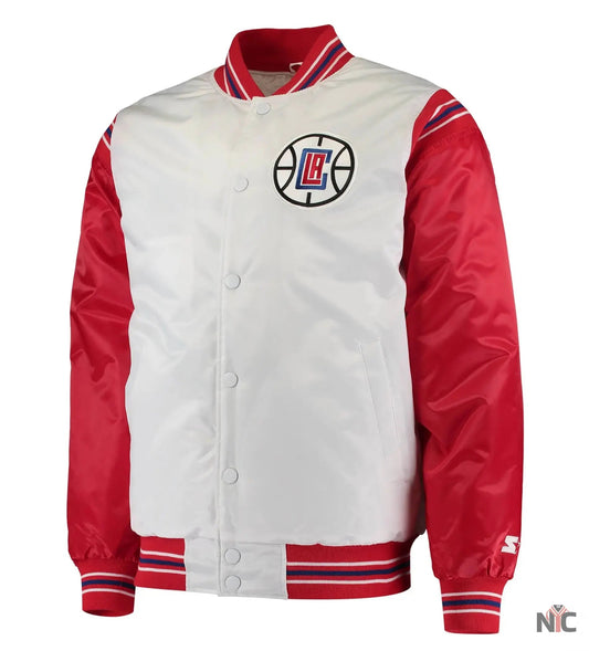 LA Clippers Renegade Full-Snap White & Red Satin Varsity Jacket
