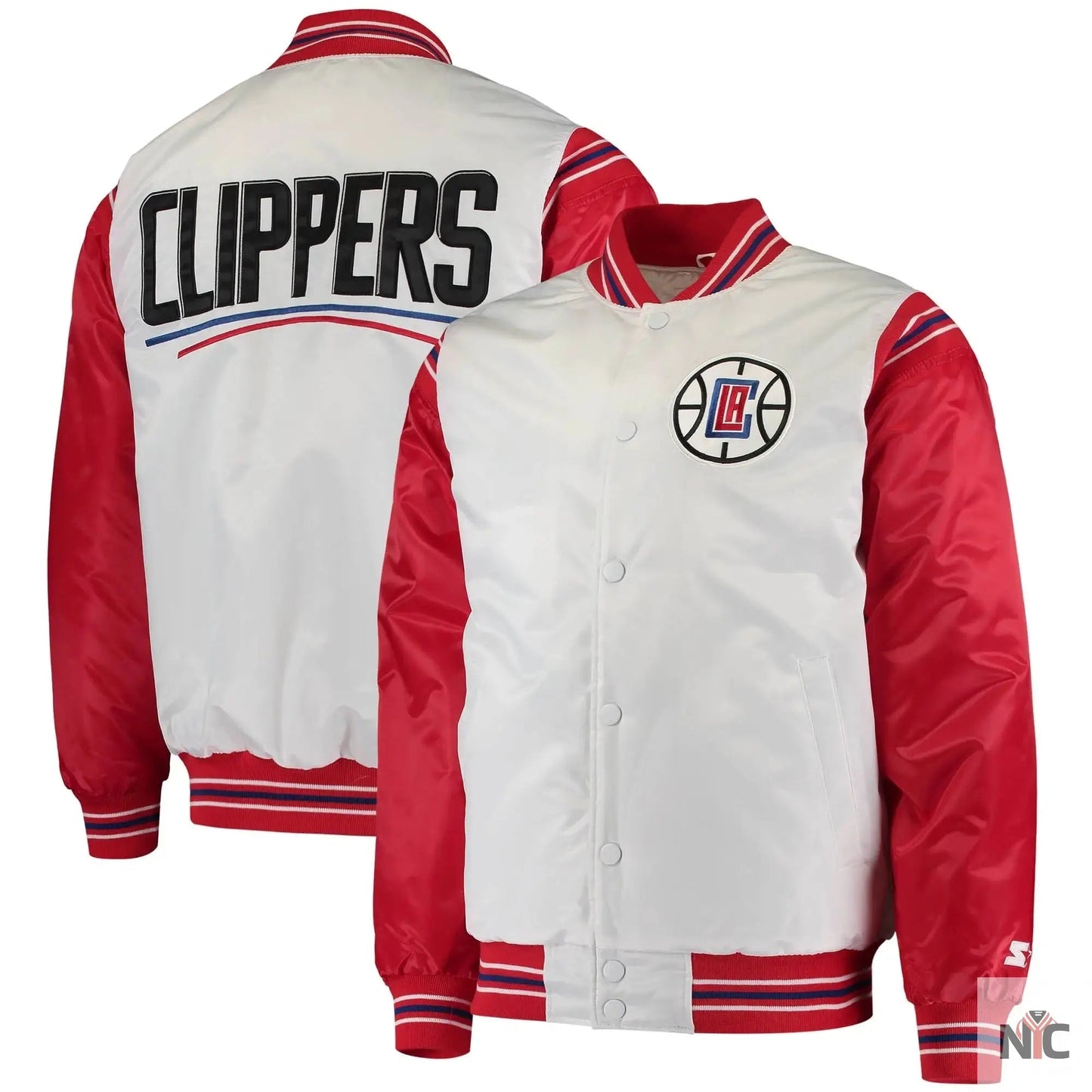 LA Clippers Renegade Full-Snap White & Red Satin Varsity Jacket