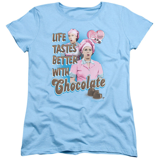 I Love Lucy Better With Chocolate Womens T Shirt Light Blue Officially Licensed