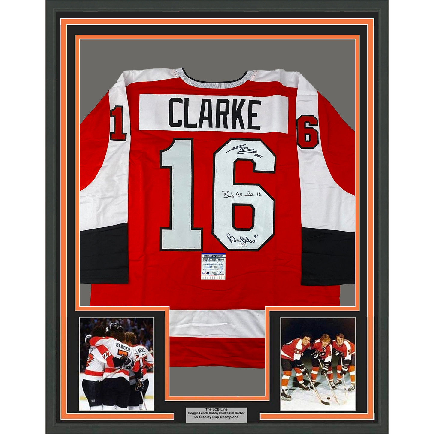 Framed Autographed/Signed LCB Line Reggie Leach, Bobby Clarke & Bill Barber 35x39 Philadelphia Orange Hockey Jersey JSA COA