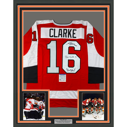 Framed Autographed/Signed LCB Line Reggie Leach, Bobby Clarke & Bill Barber 35x39 Philadelphia Orange Hockey Jersey JSA COA
