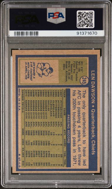 Graded 1972 Topps Len Dawson #245 Football Card PSA 8 NM-MT