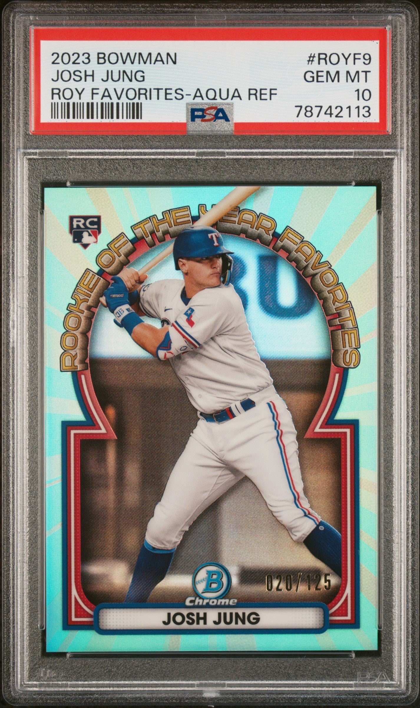 Graded 2023 Topps Bowman Josh Jung #ROYF9 ROY Favorites Aqua Ref Rookie RC Baseball Card PSA 10 Gem Mint