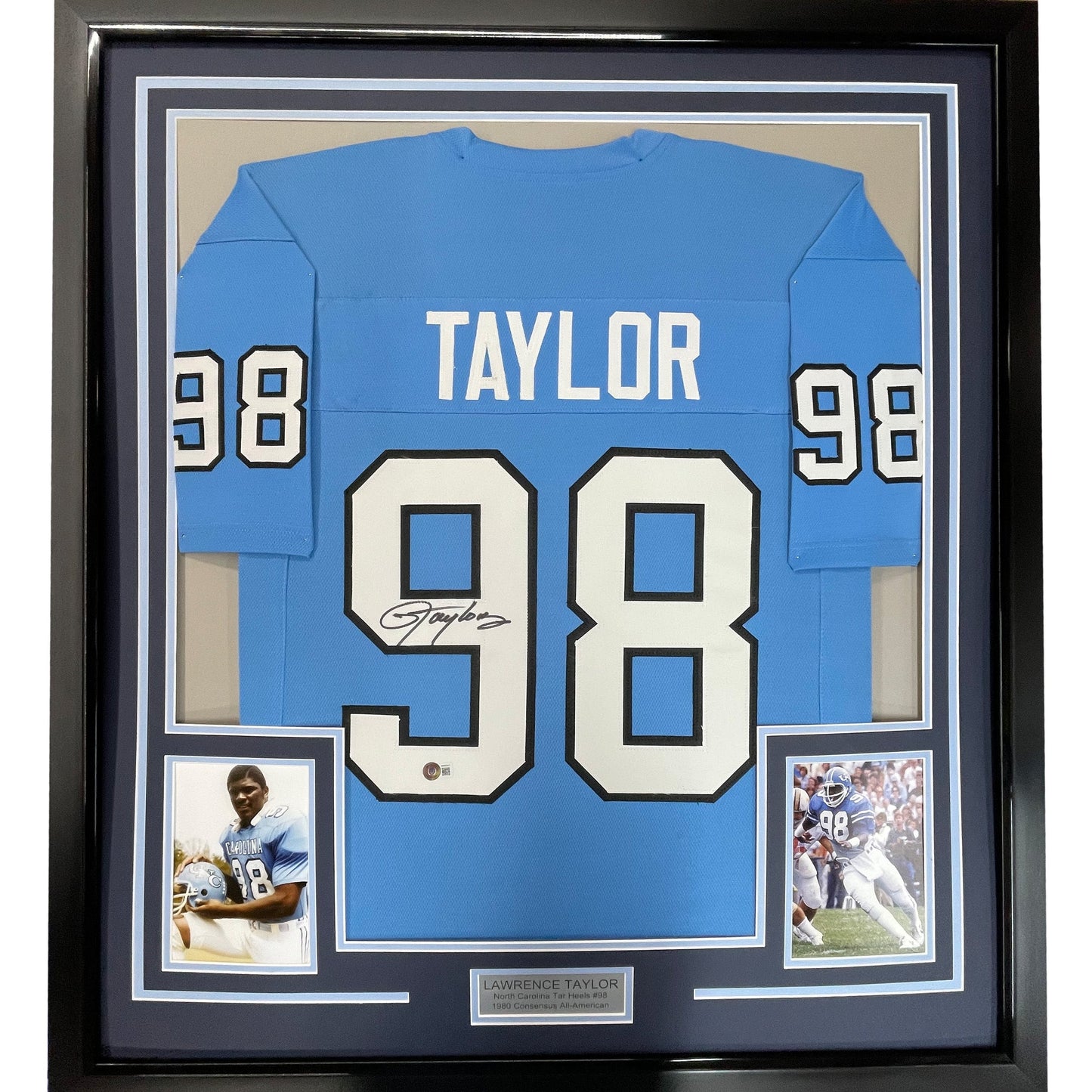 Framed Autographed/Signed Lawrence Taylor 35x39 North Carolina UNC Blue College Football Jersey Beckett BAS COA