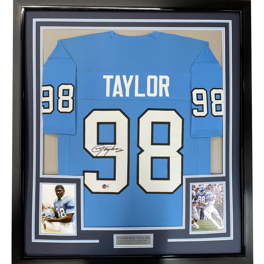 Framed Autographed/Signed Lawrence Taylor 35x39 North Carolina UNC Blue College Football Jersey Beckett BAS COA