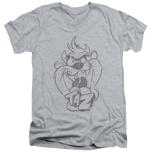 Looney Tunes Faded Taz Mens Slim Fit V-Neck T Shirt Athletic Heather Officially Licensed