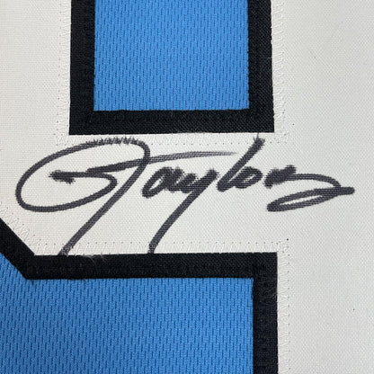 Framed Autographed/Signed Lawrence Taylor 35x39 North Carolina UNC Blue College Football Jersey Beckett BAS COA