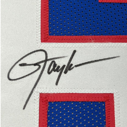 Framed Autographed/Signed Lawrence Taylor 35x39 New York Blue Football Jersey JSA COA