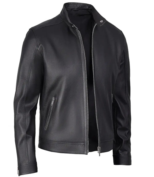 LUXE PRESTIGE: Men's Premium Black Cafe Racer Leather Jacket