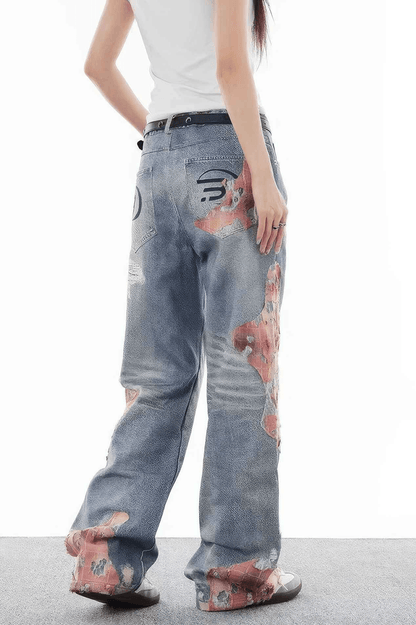 Lace & Flame Patchwork Denim Pants - Wide-Leg, Washed Look