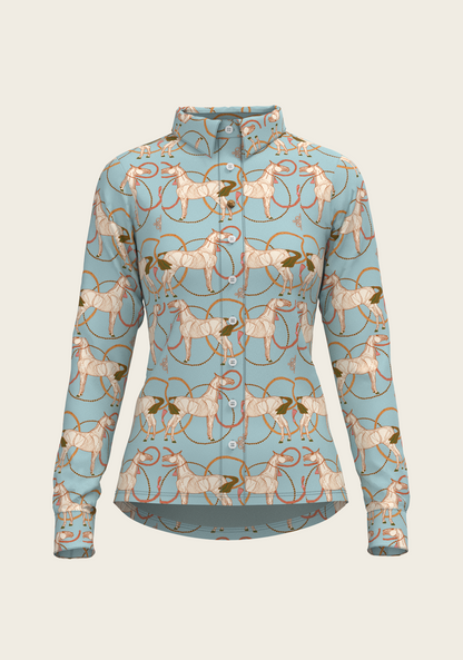 Roped Horses on Sky Blue Ladies Button Shirt