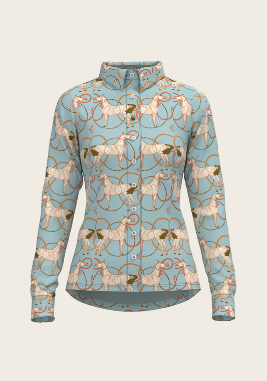 Roped Horses on Sky Blue Ladies Button Shirt