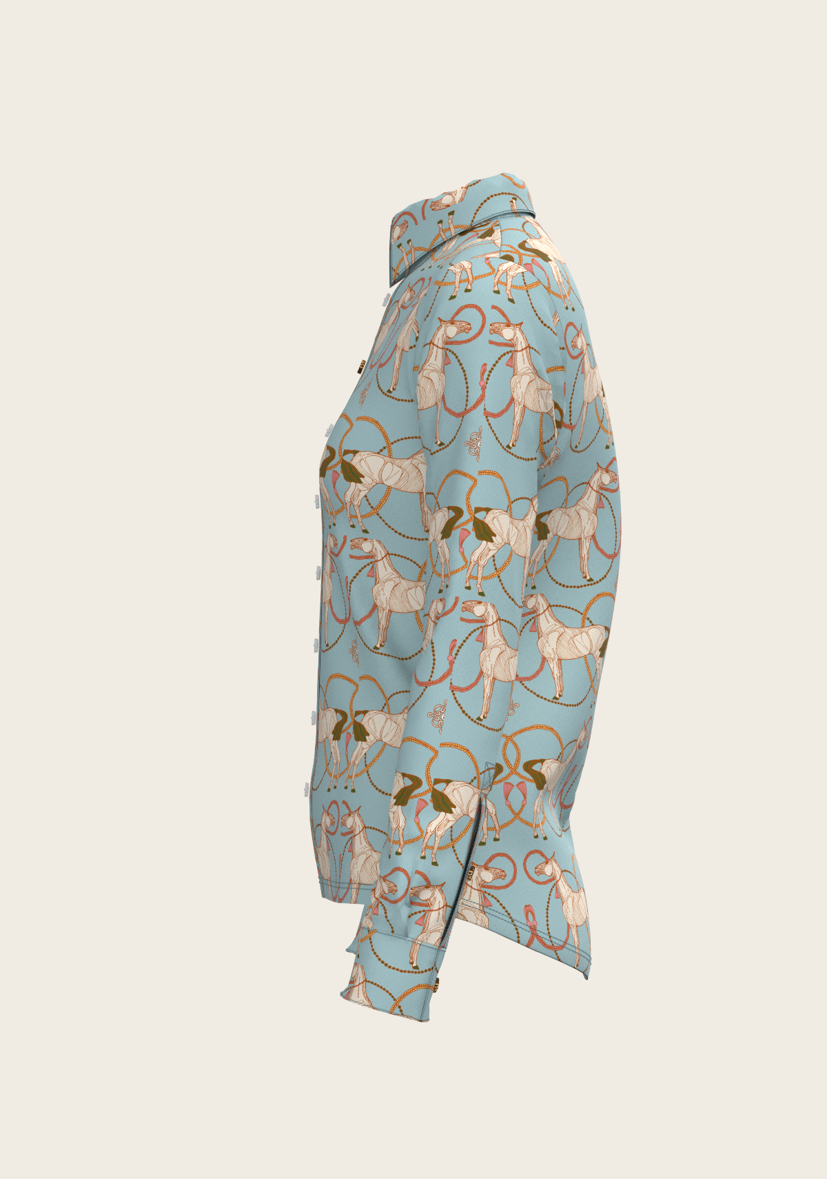 Roped Horses on Sky Blue Ladies Button Shirt