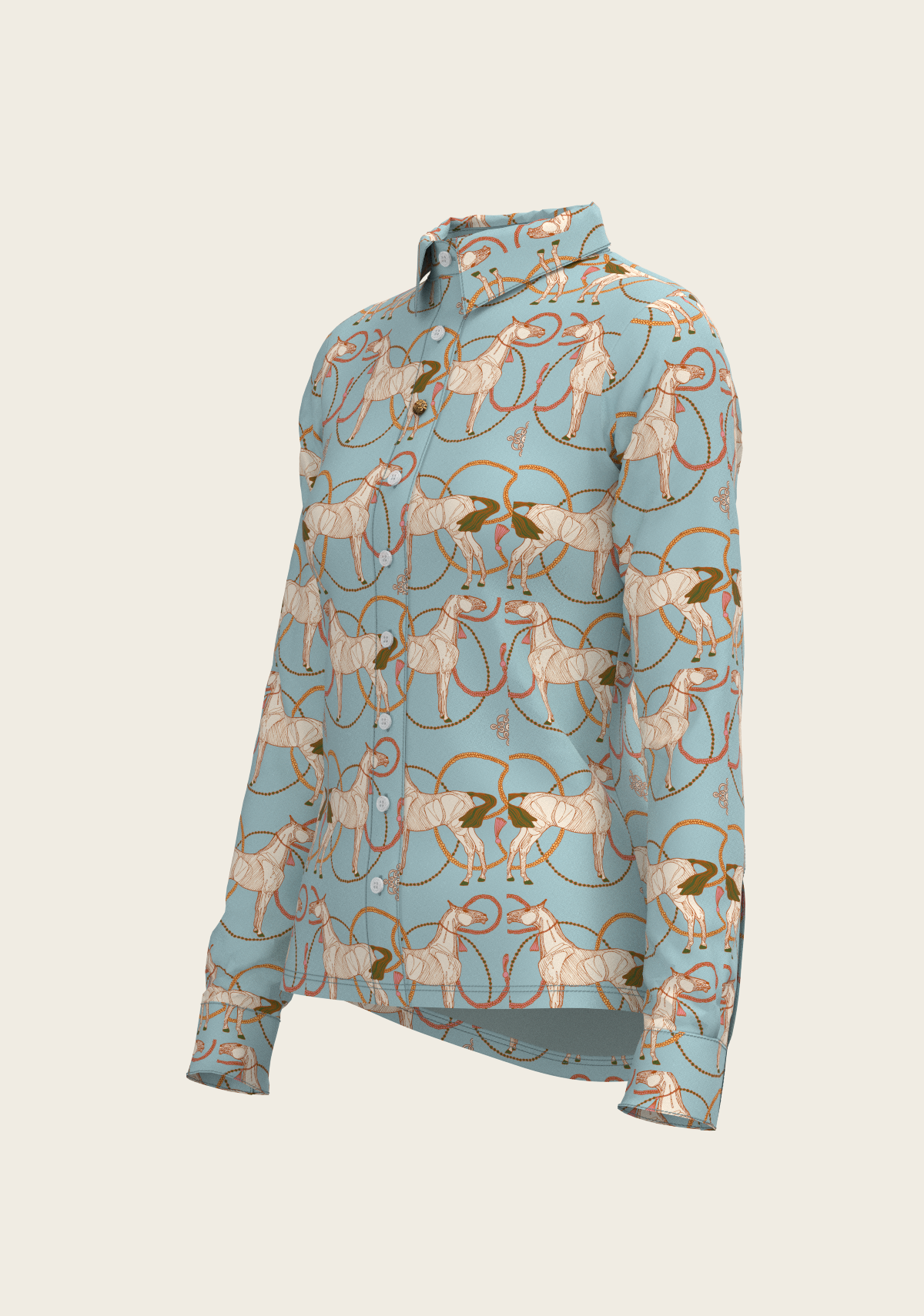 Roped Horses on Sky Blue Ladies Button Shirt