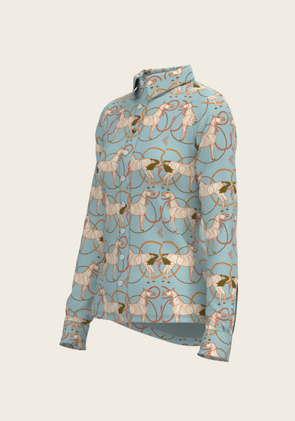 Roped Horses on Sky Blue Ladies Button Shirt