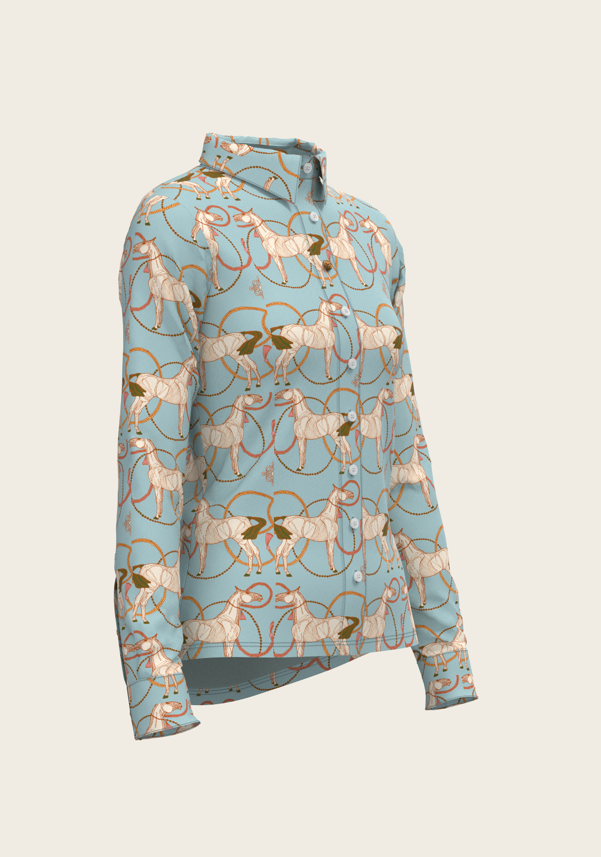 Roped Horses on Sky Blue Ladies Button Shirt