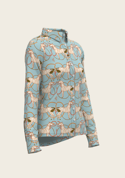 Roped Horses on Sky Blue Ladies Button Shirt