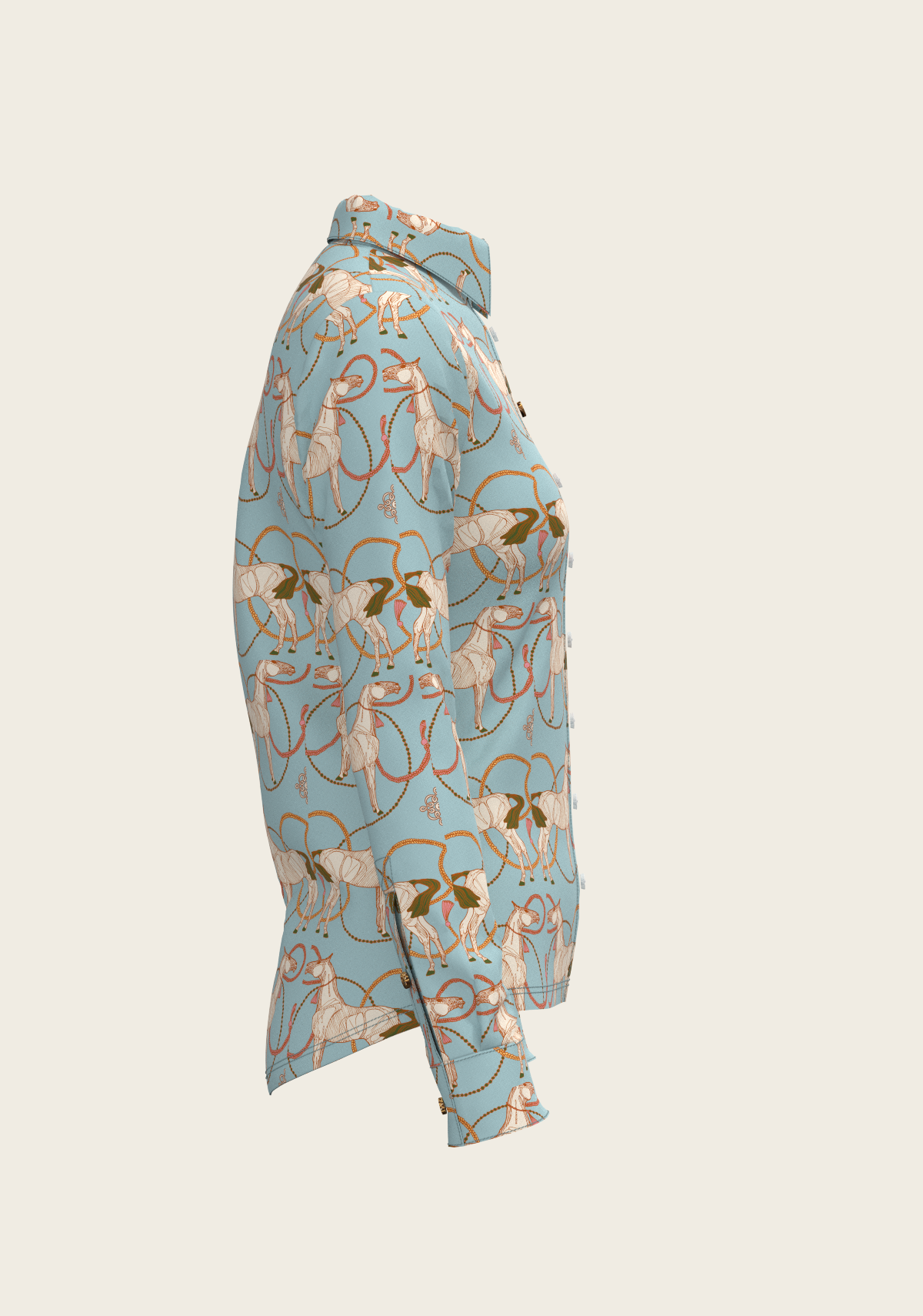 Roped Horses on Sky Blue Ladies Button Shirt