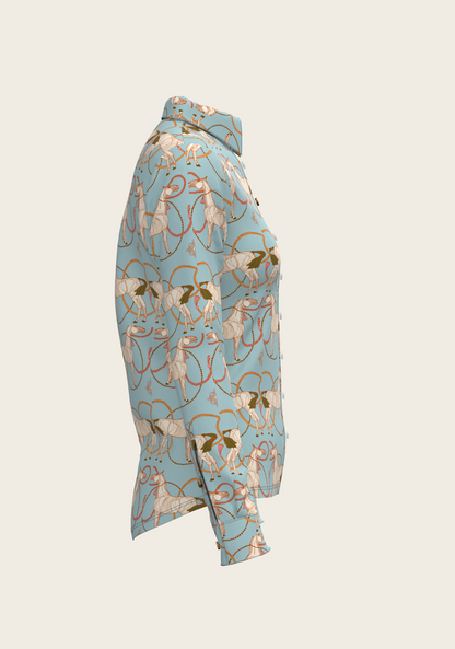 Roped Horses on Sky Blue Ladies Button Shirt