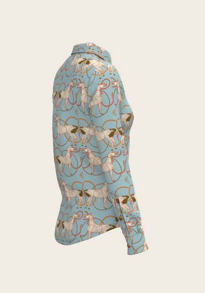 Roped Horses on Sky Blue Ladies Button Shirt