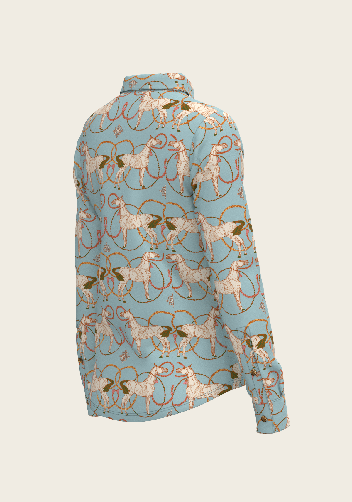 Roped Horses on Sky Blue Ladies Button Shirt