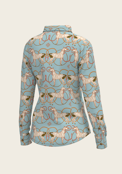 Roped Horses on Sky Blue Ladies Button Shirt