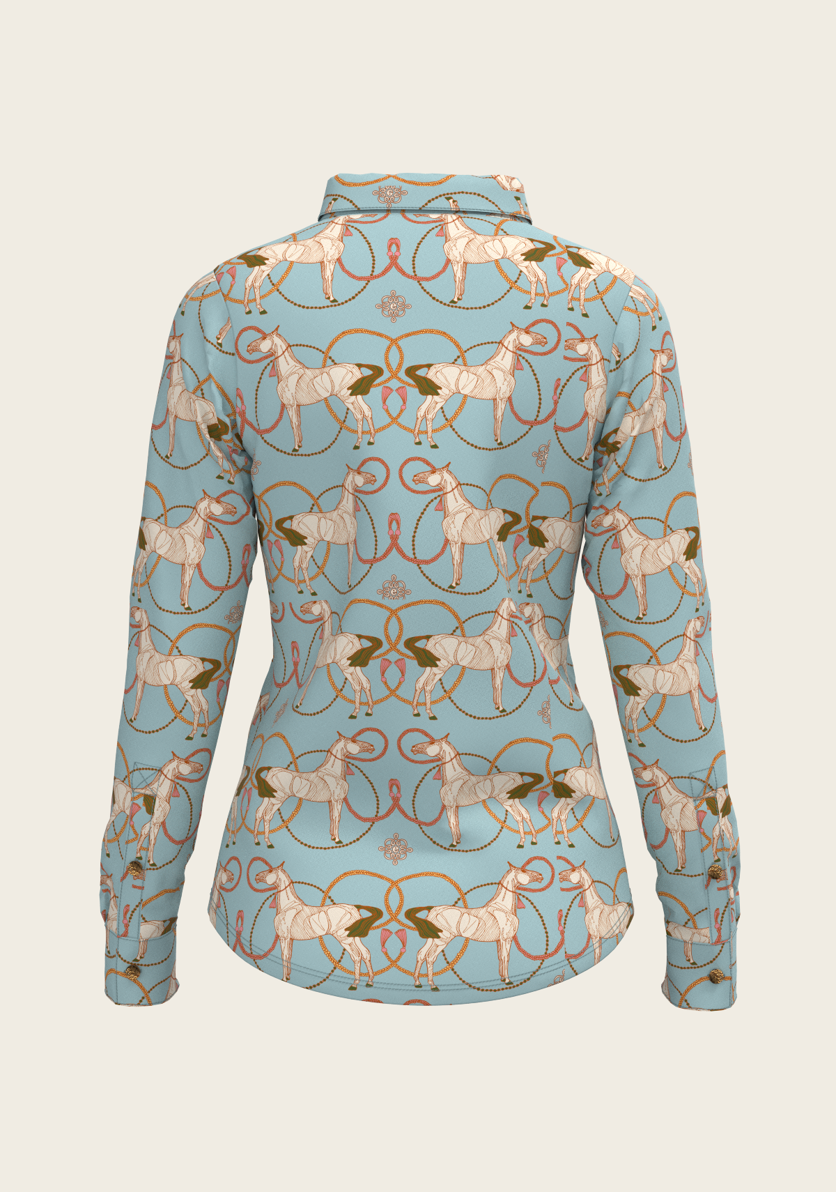 Roped Horses on Sky Blue Ladies Button Shirt