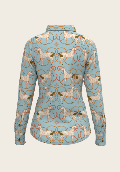 Roped Horses on Sky Blue Ladies Button Shirt