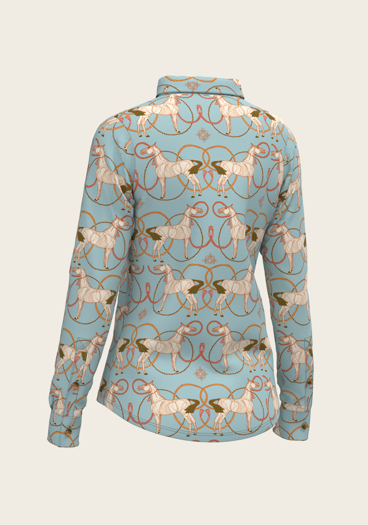 Roped Horses on Sky Blue Ladies Button Shirt