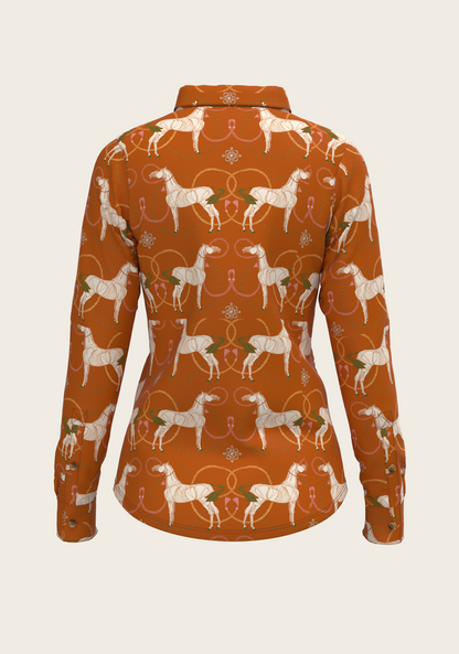 Roped Horses on Tan Ladies Button Shirt