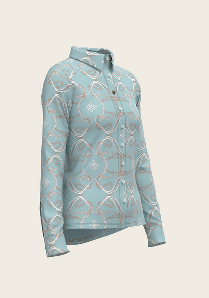 Roped Bridles on Sky Blue Ladies Button Shirt