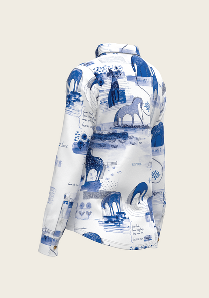 Daydreaming Horses on White Ladies Button Shirt