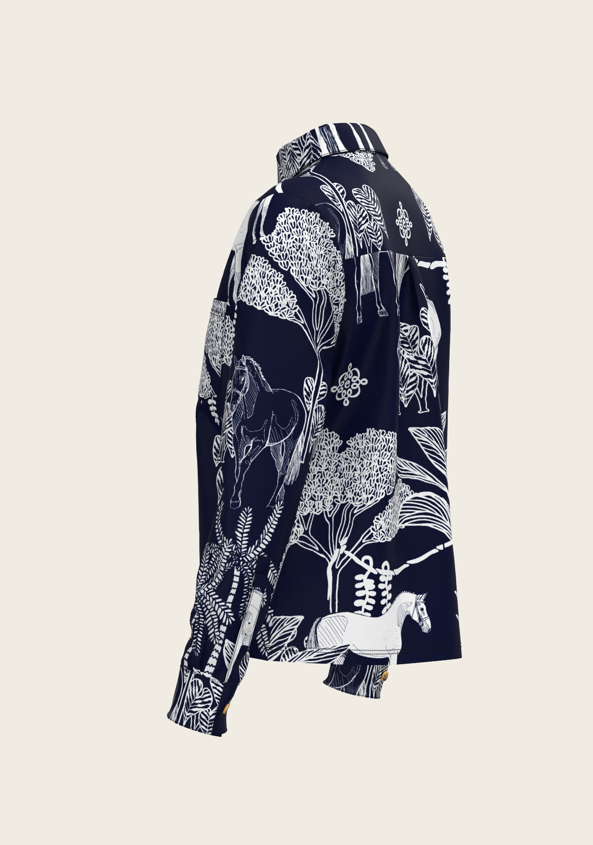  Island Horses on Navy Loose Fitting Button Shirt