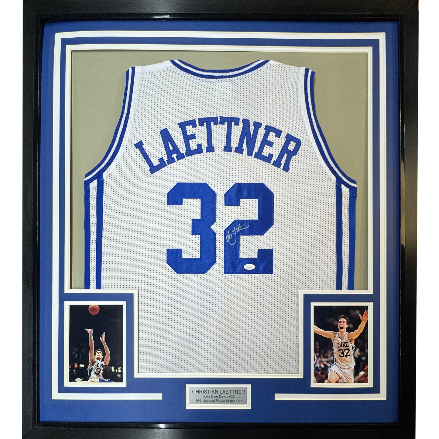 Framed Autographed/Signed Christian Laettner 35x39 Duke White College Basketball Jersey PSA/DNA COA