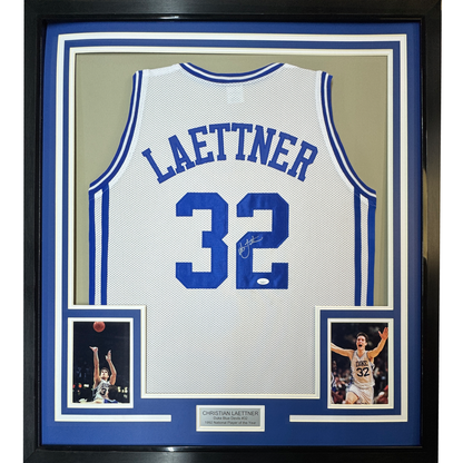 Framed Autographed/Signed Christian Laettner 35x39 Duke White College Basketball Jersey PSA/DNA COA