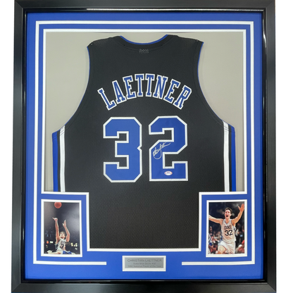 Framed Autographed/Signed Christian Laettner 35x39 Duke Black College Basketball Jersey PSA/DNA COA