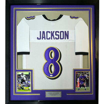 Framed Autographed/Signed Lamar Jackson 35x39 Baltimore White Football Jersey JSA COA