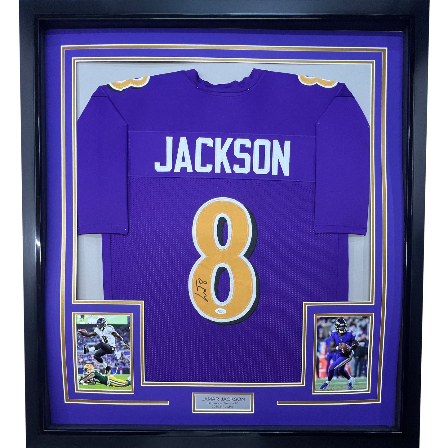 Framed Autographed/Signed Lamar Jackson 35x39 Baltimore Color Rush Football Jersey JSA COA